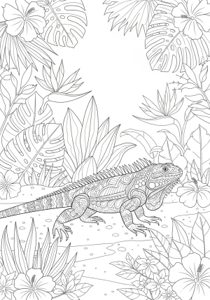 A whimsical scene of an iguana walking across a sandy path with lush tropical plants and flowers around, showcasing intricate patterns on its skin