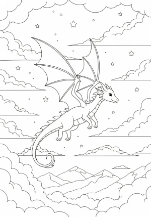 A whimsical dragon soaring through a fantasy sky filled with fluffy clouds, stars, and distant mountains.