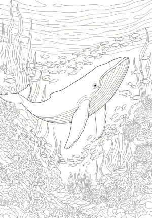 An intricate underwater scene featuring a majestic whale swimming among coral reefs, schools of fish, and seaweed weaving through the water.