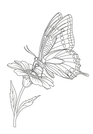 A detailed illustration of a graceful butterfly perched on a delicate flower with intricate wing patterns