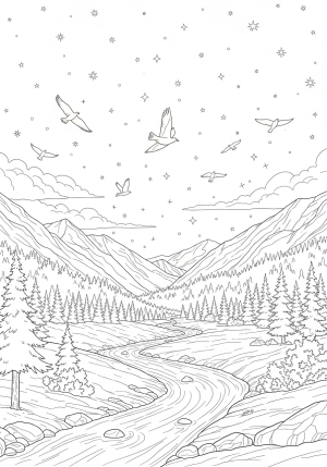 A majestic mountain landscape with a flowing river, surrounded by trees and soaring birds under a sky filled with shining stars
