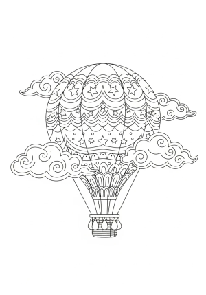 A whimsical hot air balloon floating among clouds with intricate patterns and star motifs