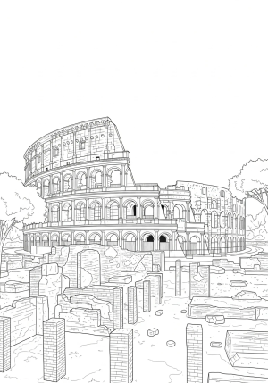 A detailed illustration of the Colosseum in Rome surrounded by lush trees and ancient ruins