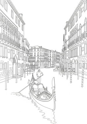 A charming scene of a gondola gliding through the canals of Venice with historic buildings in the background