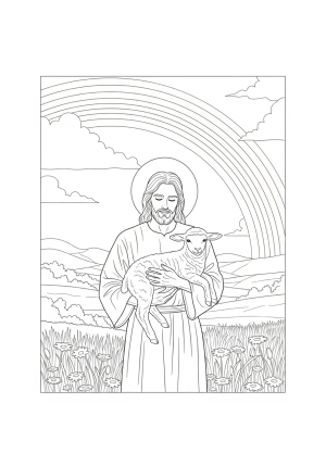 A peaceful scene of Jesus holding a lamb in a serene meadow with flowers and a rainbow in the background, illustrated in a black and white line drawing style