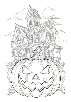 A cheerful jack o lantern with a spooky carved face, surrounded by spooky haunted house and moonlit sky, detailed line art