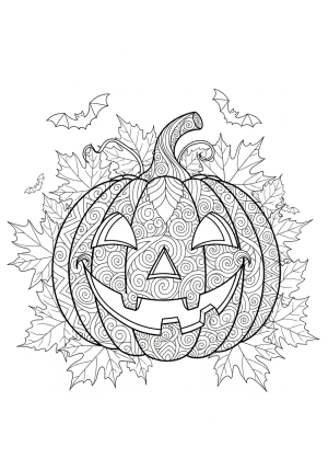 A whimsical jack o lantern with intricate patterns and swirls, sitting among autumn leaves and tiny bats, detailed line drawing