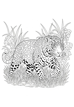 An active jaguar prowling through tall grass and dense jungle plants, showcasing its powerful build and spotting pattern