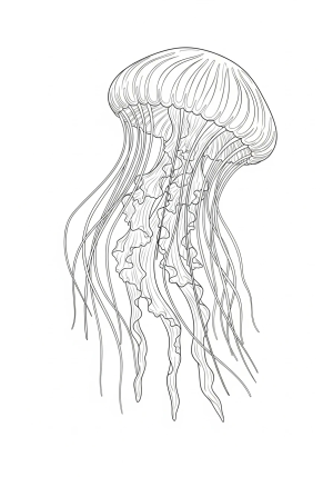 A detailed illustration of a graceful jellyfish drifting through the ocean with flowing tentacles swirling around.