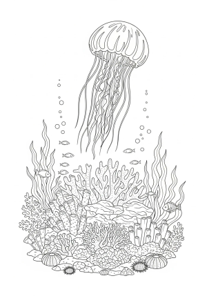 A whimsical scene of a jellyfish hovering above a coral reef, surrounded by various seaweed and small aquatic creatures.