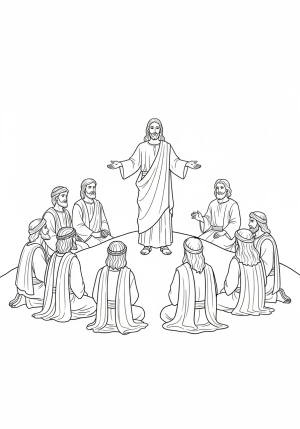 Jesus standing on a hill with his disciples gathered around him, listening attentively as he teaches, in a detailed line art style