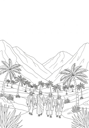 Jesus and his disciples walking together along a desert path with palms and mountains in the background.