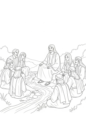 Jesus sitting peacefully by a stream with his disciples gathered around him, listening attentively.