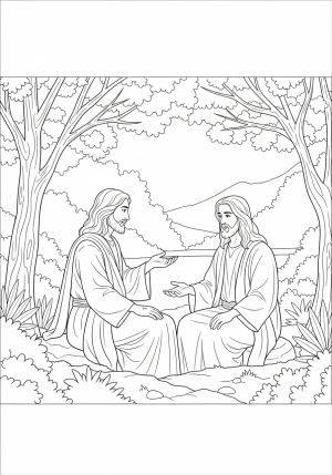 A detailed scene of Jesus and Nicodemus having a conversation outdoors, surrounded by nature and gentle lighting.