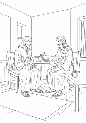 Jesus and Nicodemus engaged in a respectful discussion inside a humble room, with simple furnishings and a peaceful atmosphere.