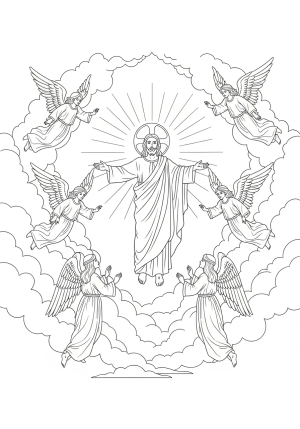 An inspiring scene of Jesus gently ascending into the sky surrounded by clouds and angelic figures, with a radiant glow around Him.