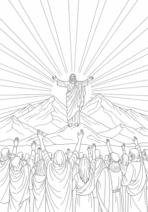 A peaceful depiction of Jesus rising above the mountains with rays of light shining down, accompanied by a joyful crowd below watching in awe.