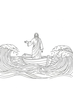 A peaceful scene of Jesus standing in a small boat on a calm sea, gently calming a fierce storm with his outstretched hand.