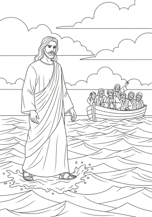 Jesus walking on water toward a boat filled with worried disciples as stormy clouds loom overhead, demonstrating faith and trust.