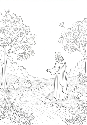 A serene scene of Jesus standing by a gentle flowing stream, surrounded by blooming trees and peaceful wildlife