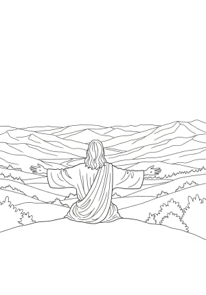 Jesus sitting on a hilltop with open arms, overlooking a valley filled with rolling hills and distant mountains