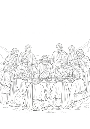 A detailed illustration of Jesus surrounded by his twelve disciples gathered outdoors, sharing a meal and engaging in conversation