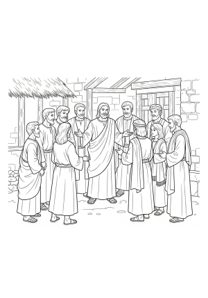 The twelve disciples standing together in a humble setting, listening attentively to Jesus as he gestures with compassion and authority