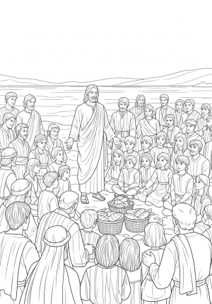 A detailed scene of Jesus standing among a large crowd by the lakeshore, with children and adults listening attentively as he performs the miracle of feeding 5000 people, with baskets of bread and fish visible nearby