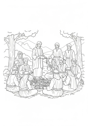 A peaceful moment of Jesus breaking bread and distributing fish to a diverse group of people sitting on the grass, with trees and a wide-open sky in the background, capturing the essence of the miracle