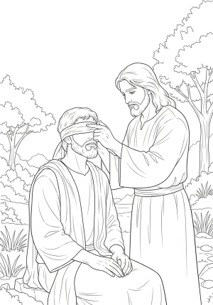 Jesus gently touches the blind man's eyes as he heals him in a peaceful outdoor setting.