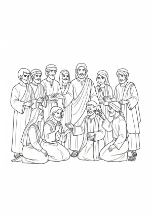 The blind man joyfully sees the world with new eyes, surrounded by Jesus and a crowd of followers.