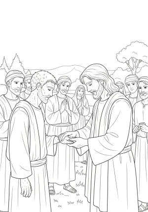 Jesus gently touching a sick leper's hand while others watch in awe, with a peaceful natural background and a sense of healing and kindness.