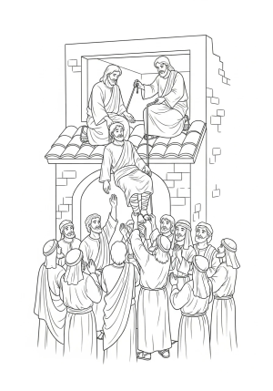 Jesus compassionately heals the paralyzed man lowered through the roof, with followers and friends gathered around in awe.
