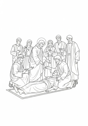 A serene scene of Jesus extending his hand to gently heal the paralyzed man lying on a mat, while onlookers watch with amazement.