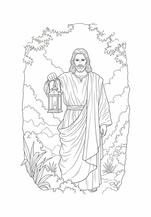 An inspiring depiction of Jesus holding a glowing lantern, illuminating a dark, lush landscape around him.