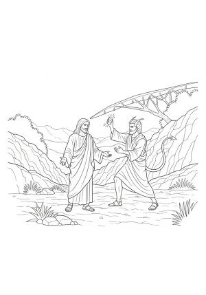 A detailed scene depicting Jesus in the wilderness being tempted by Satan, with rocky terrain and sparse vegetation in the background.