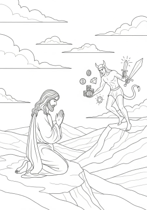 An illustrative depiction of Jesus praying on a mountain as Satan approaches with tempting offers, surrounded by clouds and a serene landscape.