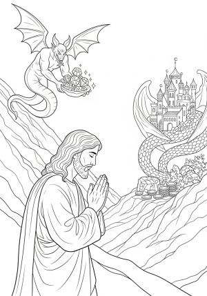 A detailed scene of Jesus praying on a mountain, with Satan offering tempting gifts in the background.