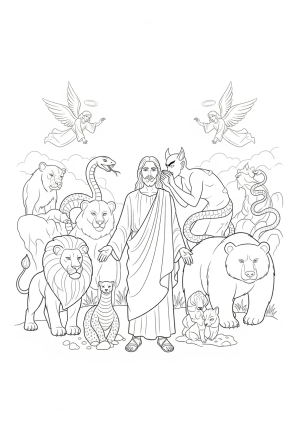 Jesus during his temptation in the wilderness, surrounded by animals and angels, as Satan whispers nearby.