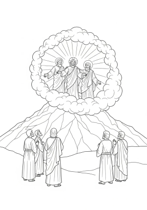 A detailed scene depicting Jesus on the mountain with Moses and Elijah appearing beside him, surrounded by a radiant cloud and apostles witnessing in awe.