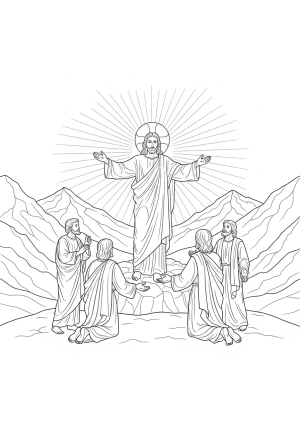 An intricate illustration of the transformed Jesus shining brightly with a luminous glow, accompanied by Peter, James, and John in an awe-struck stance amidst a mountainous landscape.