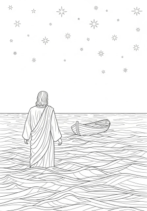 A serene scene of Jesus walking on water towards a boat with calm waves and a starry night sky in the background