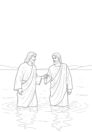 Jesus gently helping Peter walk on water with a peaceful sea and a distant shoreline under a bright sky