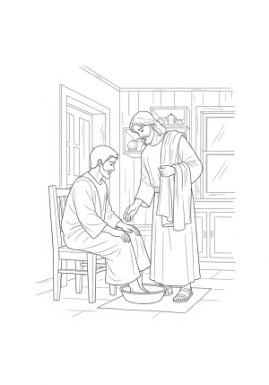 A serene depiction of Jesus standing with a towel over His arm, gently washing the feet of a seated disciple in a simple home environment.