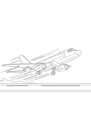 A dynamic scene of a jet airplane taking off from an airport runway with motion lines indicating speed