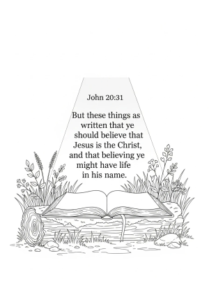 An open Bible with a spotlight shining on the verse John 20:31, surrounded by peaceful nature scenes and gentle decorative elements