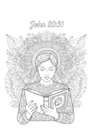 A stylized depiction of a person reading the Bible with the words 'John 20:31' beautifully inscribed above, set against a backdrop of abstract patterns and symbols of faith