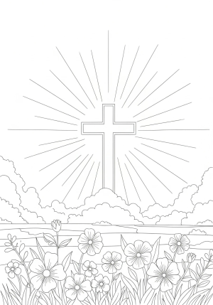 A peaceful scene of a cross surrounded by rays of light and blooming flowers in a serene outdoor setting.