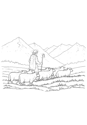 A gentle depiction of a shepherd guiding sheep through a lush green field with mountains in the background.