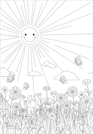 A whimsical scene of a smiling sun illuminating a field filled with blooming flowers and playful butterflies